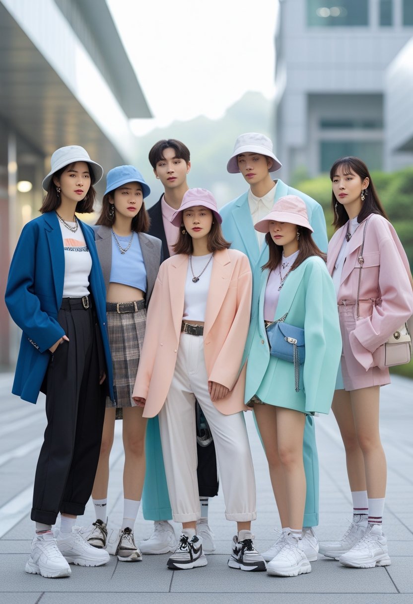 A group of young adults posing outdoors in stylish modern clothing in an urban setting.